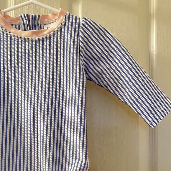 RuffleButts Seersucker One Piece Rash Guard Swimsuit Blue Pink Size 6-12 Months - Picture 4 of 15